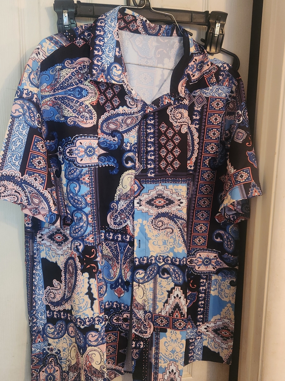 Blue & Pink Paisley Patchwork Button-Up Shirt